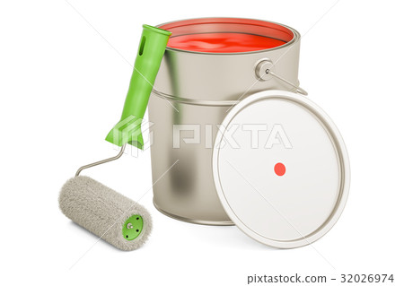 Can with red paint and roller brush, 3D rendering Can with red paint and roller brush, 3D rendering 32026974