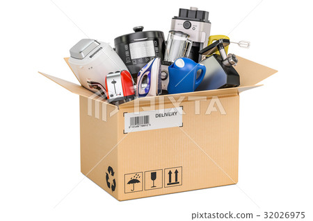 Cardboard box with household kitchen appliances Cardboard box with household kitchen appliances 32026975