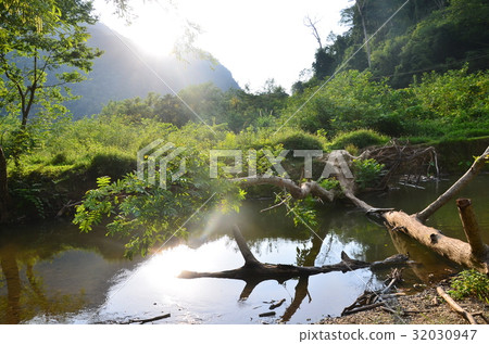 Northern Laos Northern village Village with fallen trees and streams shining in the evening sun Northern Laos Northern village Village with fallen trees and streams shining in the evening sun 32030947