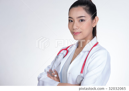 Confident smiling young female doctor posing with arms crossed. Portrait of medical staff, physician or practitioner on white background 32032065