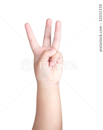 Kid or Children hand show the number three isolated on white background with clipping path Kid or Children hand show the number three isolated on white background with clipping path 32032339