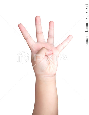 Kid or Children hand show the number four isolated on white background with clipping path Kid or Children hand show the number four isolated on white background with clipping path 32032341