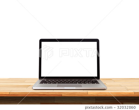 Front view of the laptop is on the work table, white wall background, clipping path inside 32032860