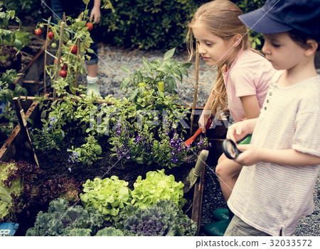 Kids having fun gardening outdoor Kids having fun gardening outdoor 32033572