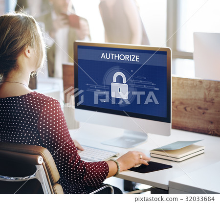 Woman working on computer network graphic overlay 32033684