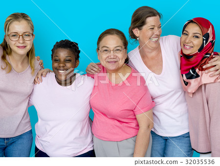 Group of Multiethnic Women Wear Pink Shirt 32035536