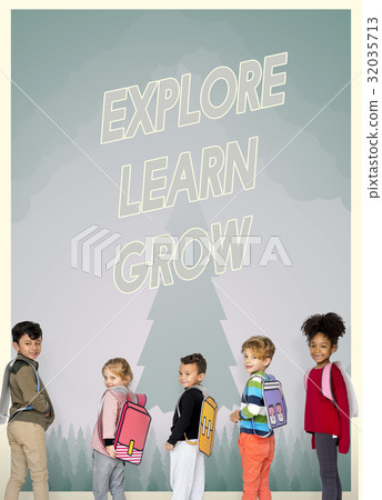 Group of school kids with aspiration word graphic Group of school kids with aspiration word graphic 32035713