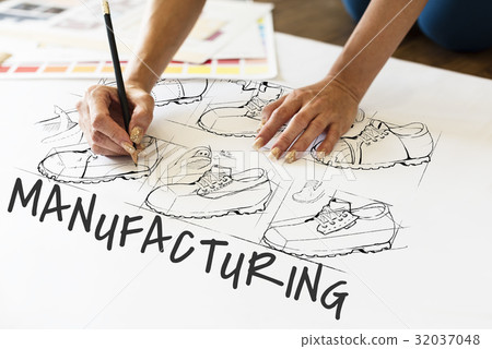 Shoe production procedure sketch drawing Shoe production procedure sketch drawing 32037048