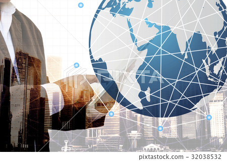 Double exposure of businessman using tablet. 32038532