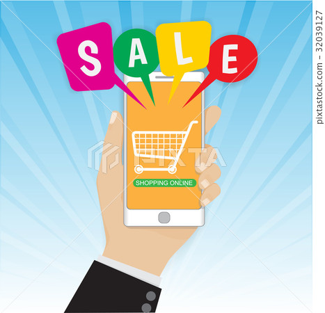 Smartphone with hand and Sale bubble speeches 32039127