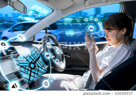 A woman riding in an automatic driving car A woman riding in an automatic driving car 32039357