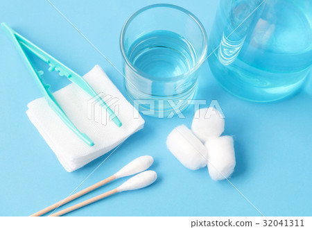 Set of wound dressing on blue background 32041311