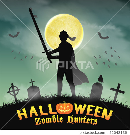 halloween knight with sword in night graveyard 32042186