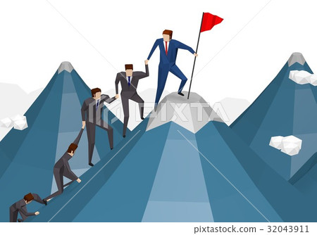 A businessman climbing a mountain in cooperation with a friend 32043911
