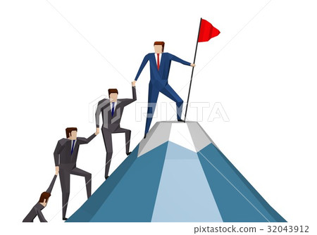 A businessman climbing a mountain in cooperation with a friend 32043912