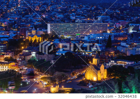 Night aerial view on Metekhi Church, Tbilisi. 32046438
