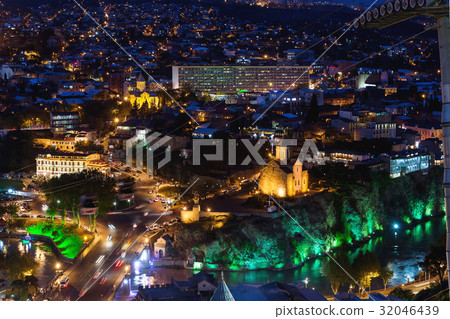 Night aerial view on Metekhi Church, Tbilisi. 32046439