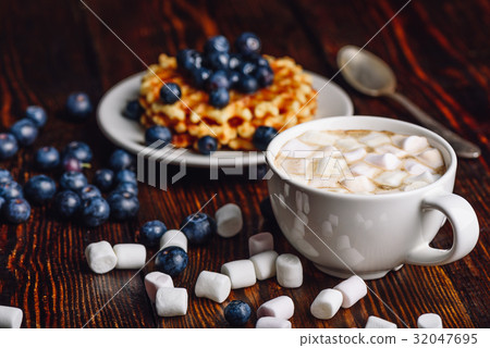 Hot Chocolate and Waffles with Blueberry. 32047695