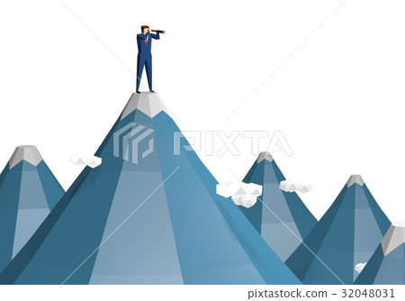 A businessman looking through the telescope at the summit of the mountain 32048031