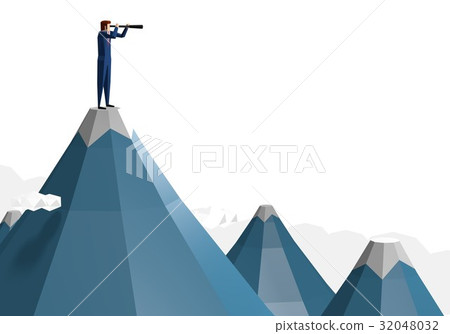 A businessman looking through the telescope at the summit of the mountain 32048032