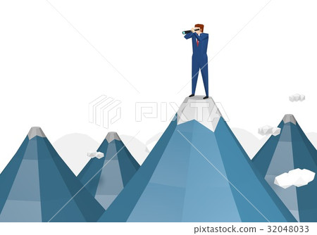 A businessman looking through the telescope at the summit of the mountain 32048033