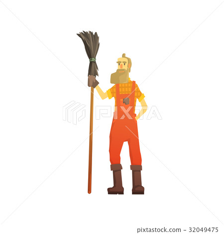 Cartoon hipster street sweeper in orange uniform 32049475