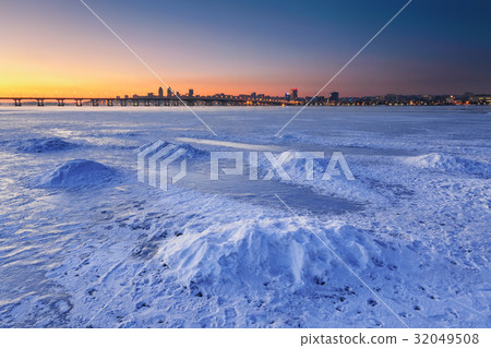 Beautiful winter landscape with frozen river at Beautiful winter landscape with frozen river at 32049508