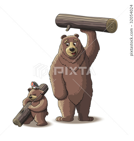 Brown bear and cub bear carry wood Brown bear and cub bear carry wood 32054024