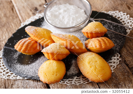 Classic biscuits madeleines with powdered sugar 32055412