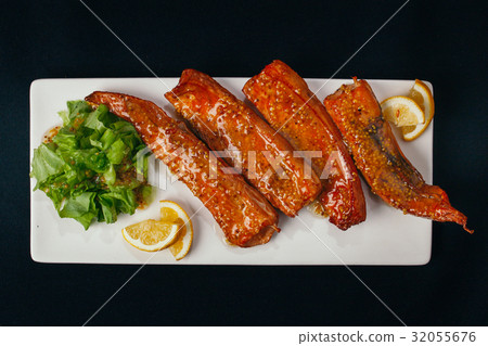 Different dishes with sea food and fish are basis 32055676