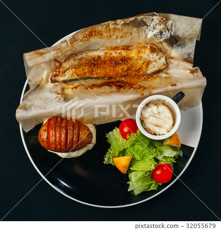 Different dishes with sea food and fish are basis 32055679