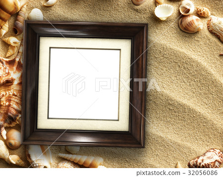 Picture frame on shells and sand background Picture frame on shells and sand background 32056086