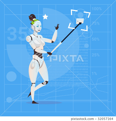 Modern Robot Female Taking Selfie Photo Futuristic 32057164