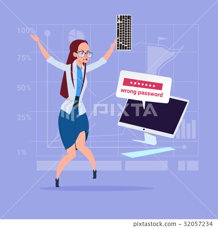 Angry Business Woman Inputting Wrong Password Angry Business Woman Inputting Wrong Password 32057234