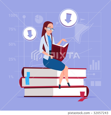Business Woman Sitting On Books Stack Reading 32057243