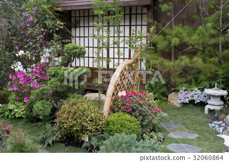 peaceful zen rock garden with papyrus plant 32060864