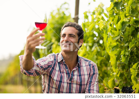Smiling male vintner looking at glass of wine Smiling male vintner looking at glass of wine 32063551