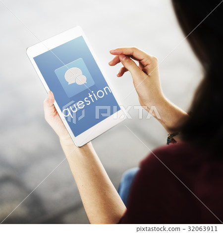 Hands Tablet Chat Conversation Bubble Graphic Hands Tablet Chat Conversation Bubble Graphic 32063911