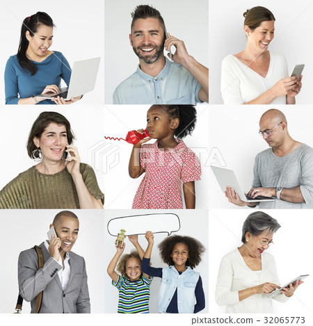 Set of Diverse People With Telephone Communication Studio Collage Set of Diverse People With Telephone Communication Studio Collage 32065773