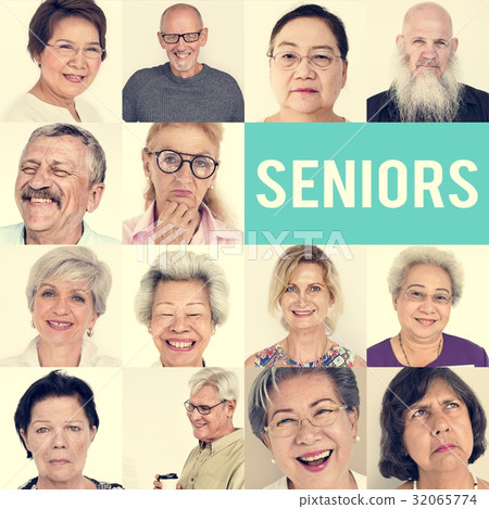 Set of Diversity Senior Adult People Face Expression Studio Coll 32065774