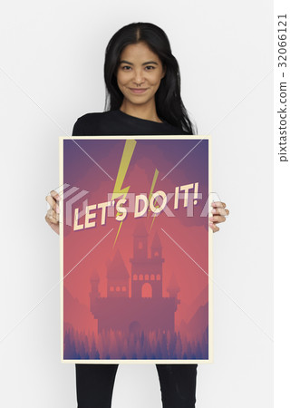 Woman holding network graphic overlay banner 32066121