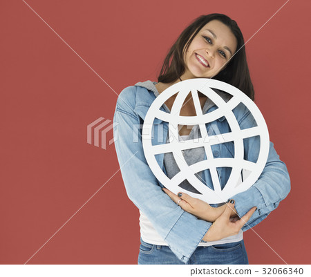 Young woman holding networking paper symbol 32066340