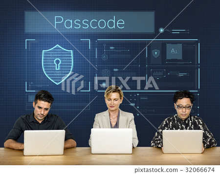 Workers working on laptop network graphic overlay banner Workers working on laptop network graphic overlay banner 32066674