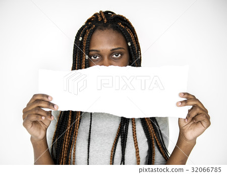 African girl holding empty paper on white background African girl holding empty paper on white background 32066785