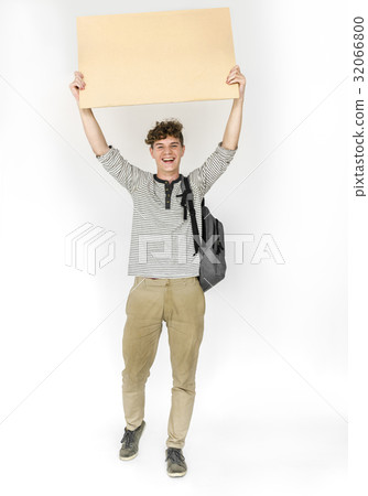 Young Man Hands Hold Showing Blank Paper Board Copy Space Young Man Hands Hold Showing Blank Paper Board Copy Space 32066800