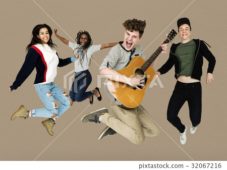 Young Adult People Jumping with Guitar Studio Portrait Young Adult People Jumping with Guitar Studio Portrait 32067216