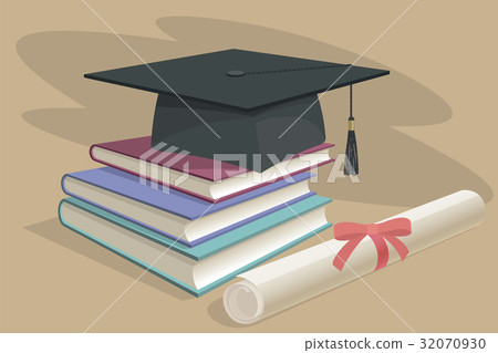 Black graduation cap, mortarboard and diploma Black graduation cap, mortarboard and diploma 32070930