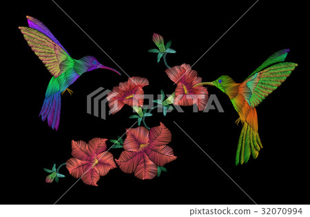 Embroidery klobri birds fly over petunias flowers 32070994