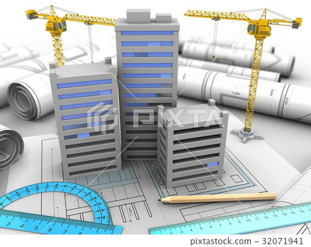 city over drawing rolls background with two cranes 32071941