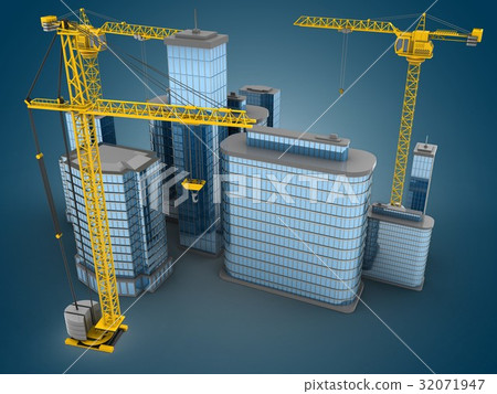 city over blue gradient background with two cranes city over blue gradient background with two cranes 32071947